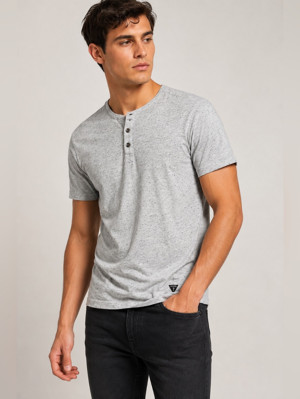 GUESS Men’s Heather Henley T-Shirt Gray Speckled XS